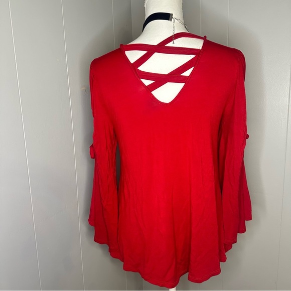 Cupio Red Ruched Bell Sleeve Top – Criss Cross Back Y2K Romantic Fairycore - Picture 6 of 8
